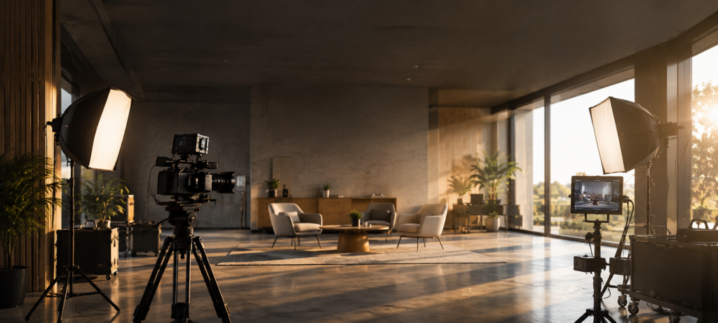 Plateau de tournage vidéo d'entreprise installé dans un bureau moderne avec éclairage professionnel