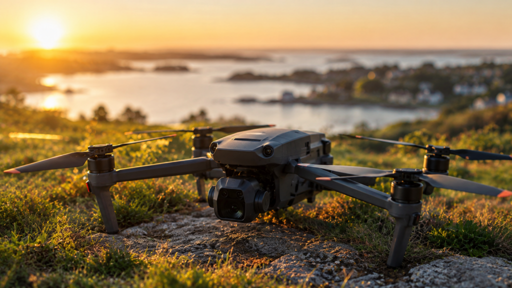Drone au sol avec vue sur le littoral du Morbihan au coucher de soleil, pour une prise de vue aérienne de vidéo d'entreprise