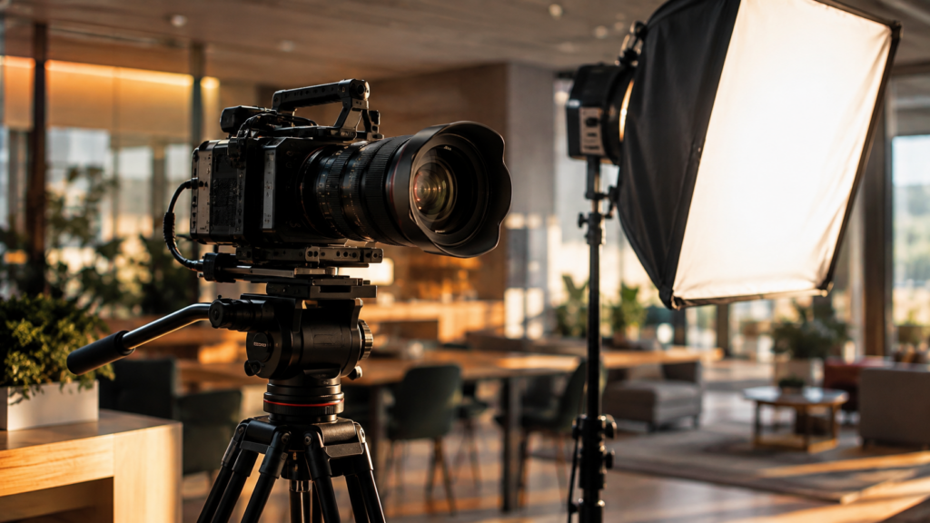 Caméra professionnelle et éclairage pour le tournage d'une vidéo d'entreprise en Bretagne